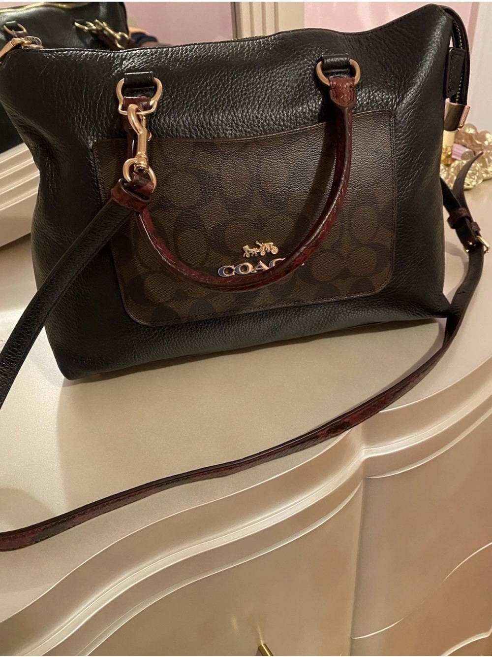 Coach Black Leather Shoulder Bag with Signature Brown Pocket and Gold Hardware